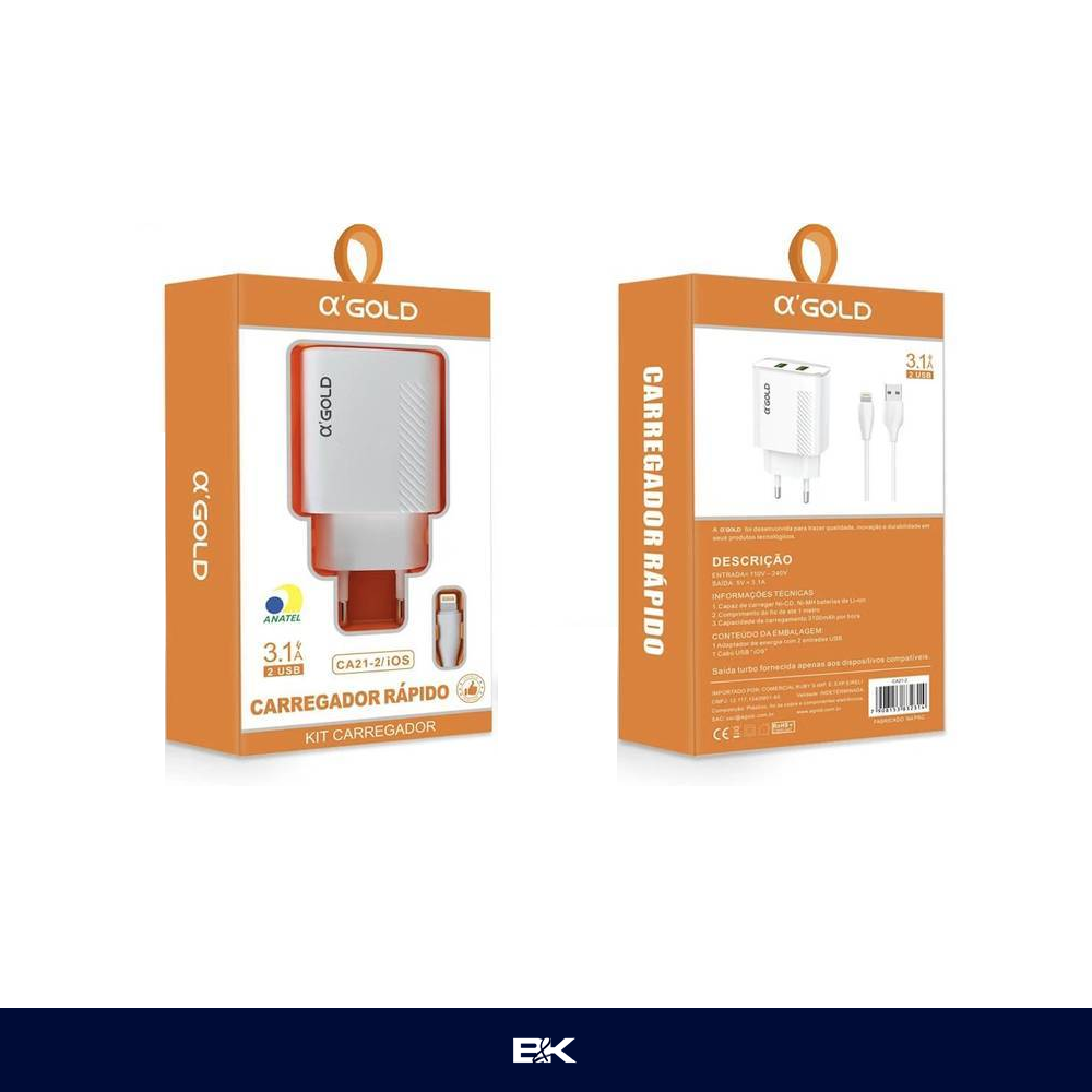 CARREGADOR COM CABO A'GOLD 3.1A iOS